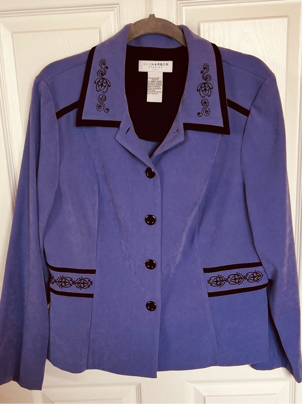 VTG Sag Harbor Periwinkle Blue Blazer Jacket Black Velvet Trim Embroidered M